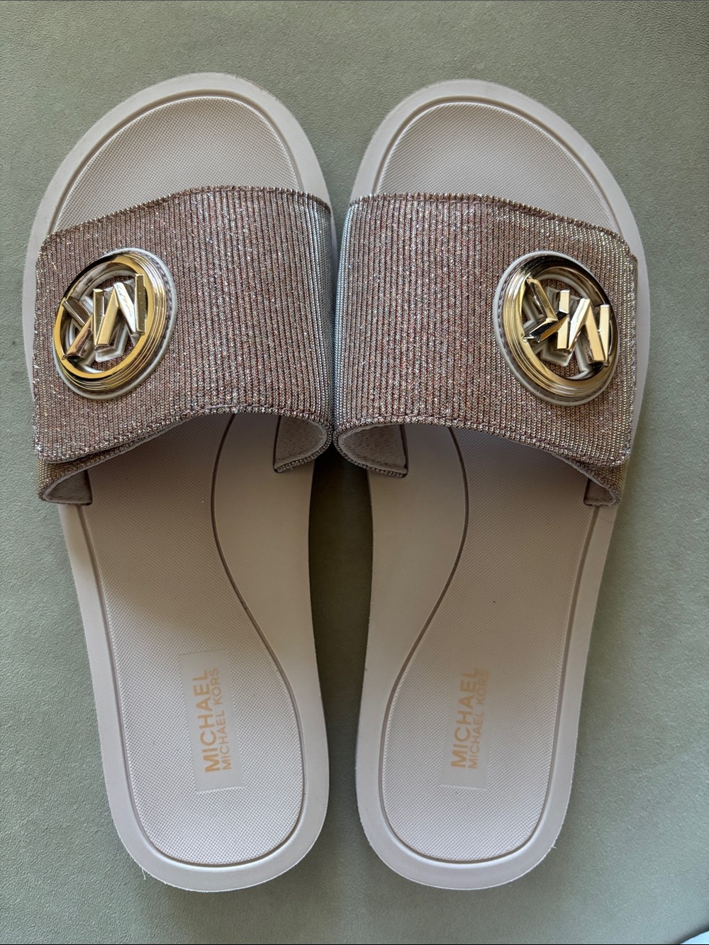 Michael Kors Eva Slide Sandals Rose Gold MK Emblem Adjustable New Glitter size 9